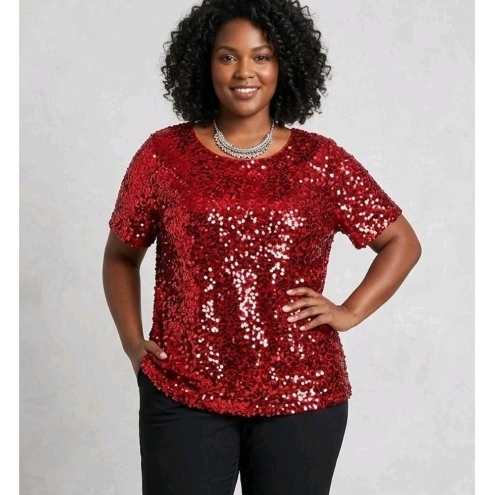 Cato‎ Red Full Sequin Blouse Plus Size 22/24 3X Short Sleeve Round Neck Lined